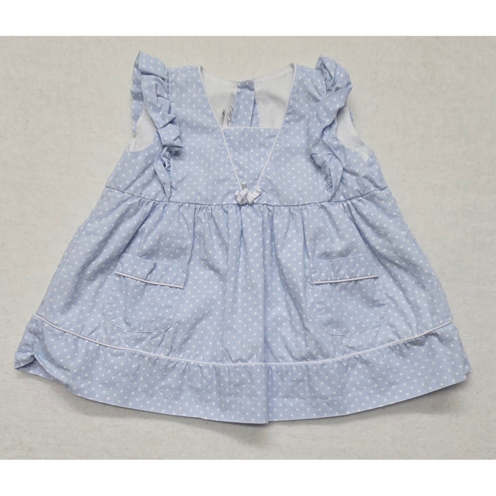 Bellbird Baby Girl Dress 4T Blue White Polka‎ Dot Ruffle Sleeve Pockets Cotton